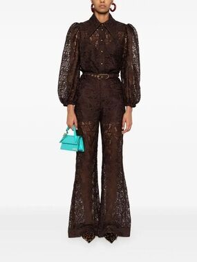 Zimmermann Chocolate Brown Lace Long-Sleeve shirt & belted flare pant